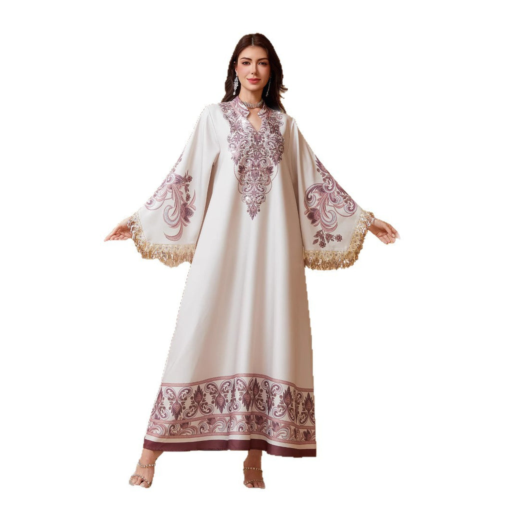 Long sleeved tassel printed women's dress