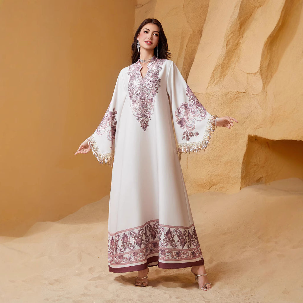 Long sleeved tassel printed women's dress
