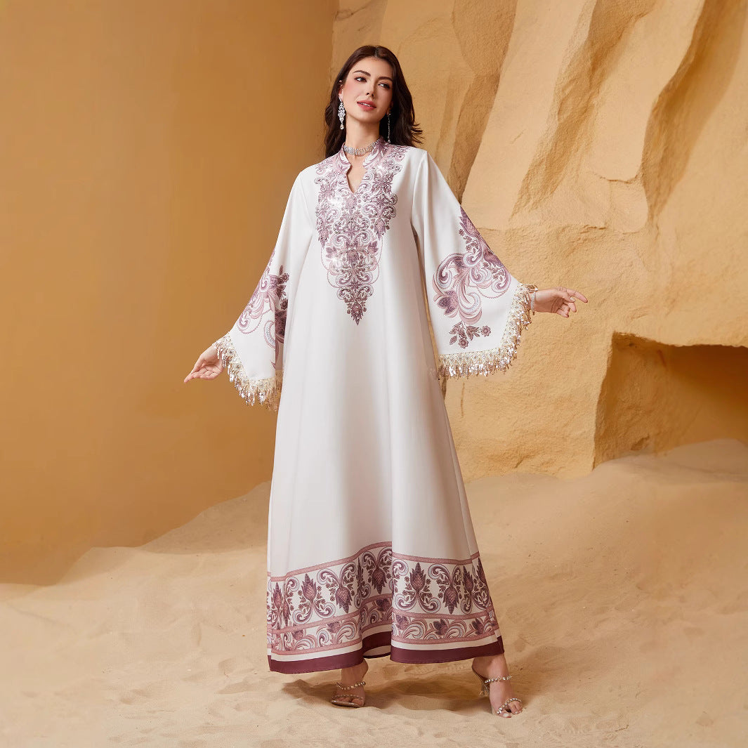 Long sleeved tassel printed women's dress