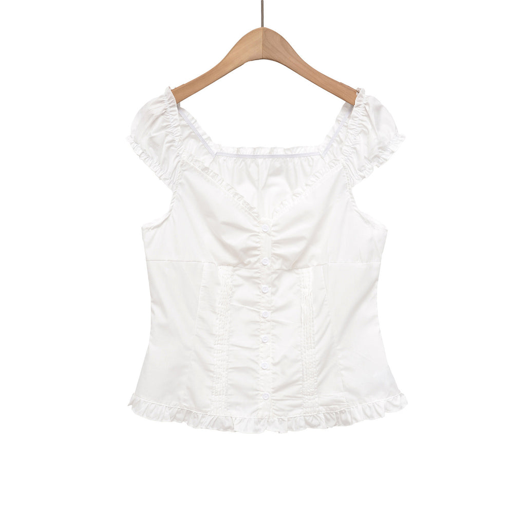 Solid Color Short Sleeve Button-Up Collar Women's Top
