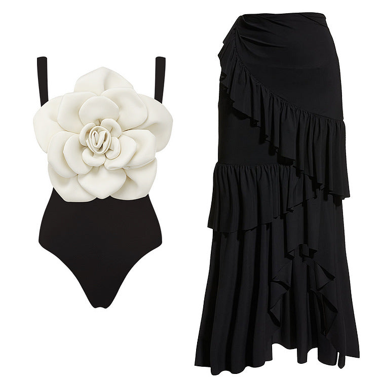 Black and White 3D Large Floral Sleeveless One-Piece Bodycon Swimwear for Women eprolo