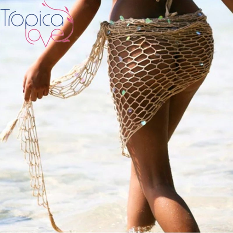 Long Beach Cover-Up Bikini Top for Women, Sexy Swimwear, Hollow-Out Mesh Beach Shawl, Island Style Swim Dress