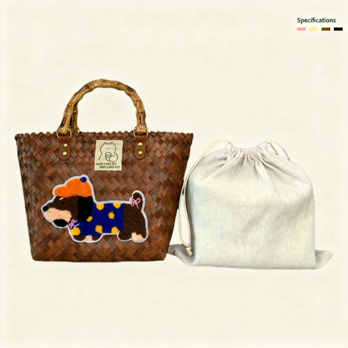 Large capacity sausage dog hand woven cabbage basket rattan woven handbag office miscellaneous carry bag picnic women's bag