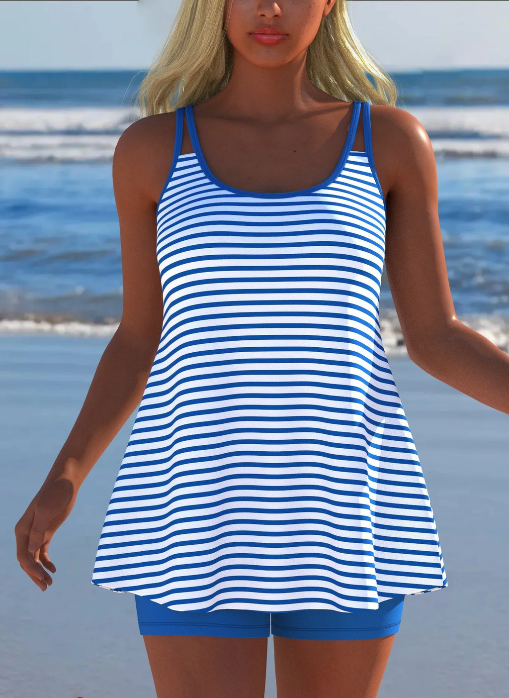 Black White Print Tankini Sleeveless Flared Hem Tankini Top High Stretch Swim Tank Gradient Adjustable Straps Two Piece Swim Top Rumanglobalcraft