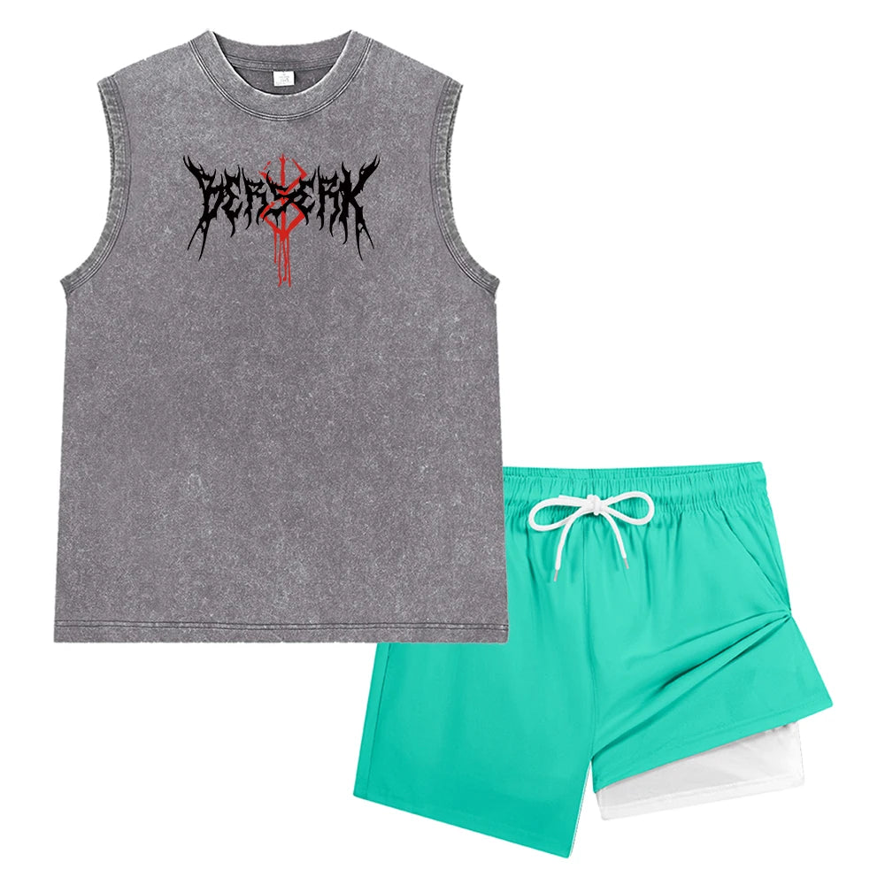 Men Vintage Washed Sleeveless Tank Top Double Layer Compression Liner Drawstring Beach Shorts Spiky Blackmetal Typography Print Rumanglobalcraft