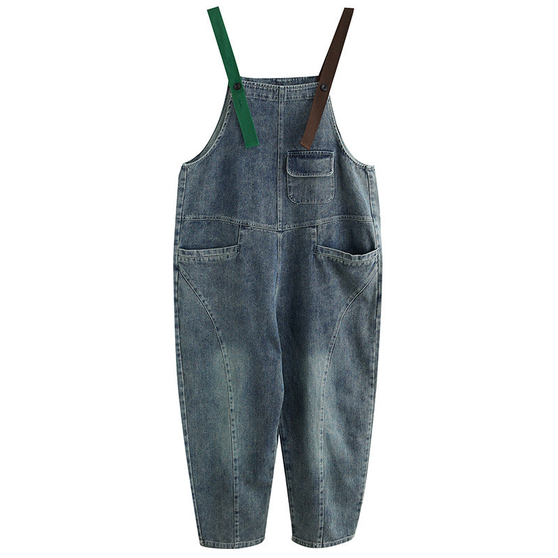Fat Sister Clash-colored Shoulder Strap Jeans Overalls