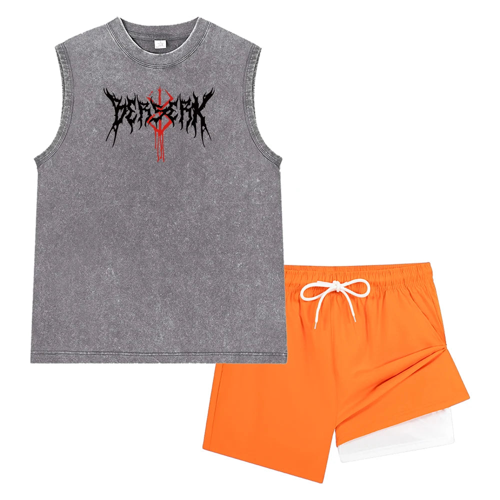 Men Vintage Washed Sleeveless Tank Top Double Layer Compression Liner Drawstring Beach Shorts Spiky Blackmetal Typography Print Rumanglobalcraft