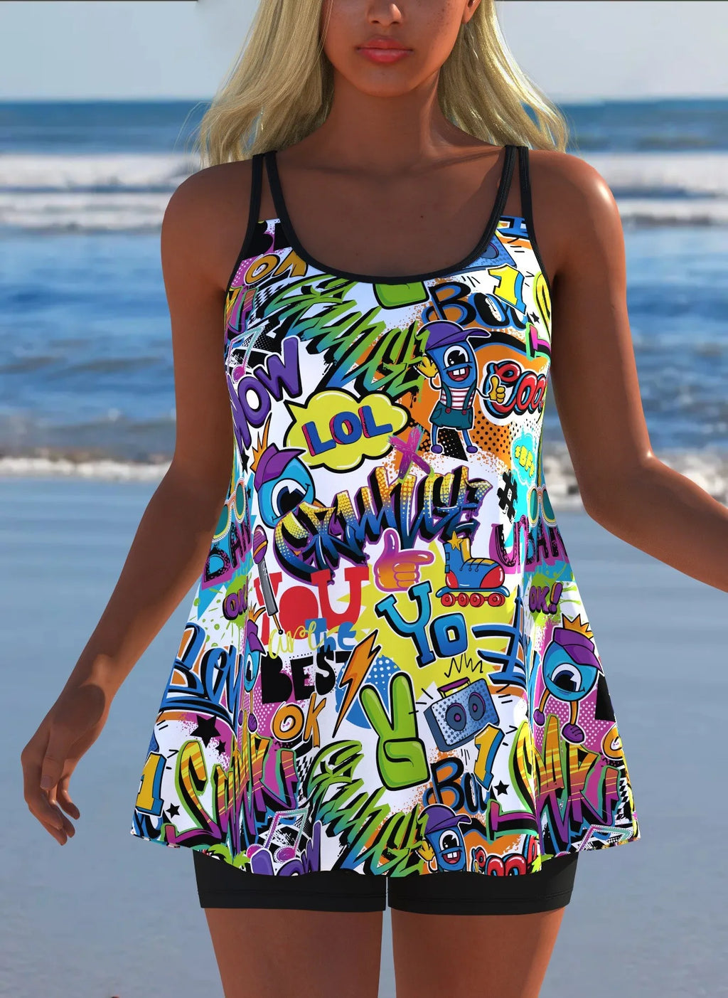 Black White Print Tankini Sleeveless Flared Hem Tankini Top High Stretch Swim Tank Gradient Adjustable Straps Two Piece Swim Top Rumanglobalcraft