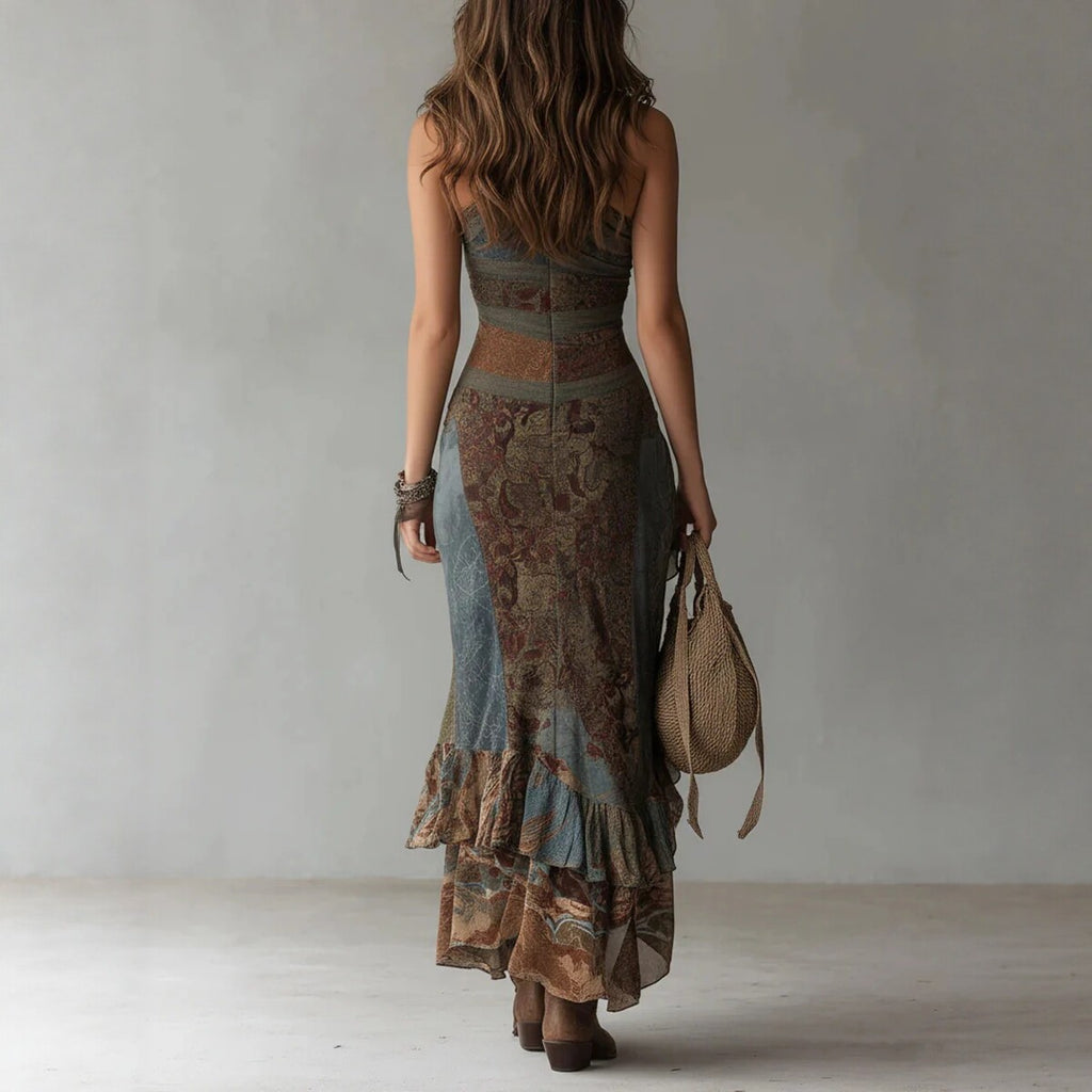 Retro Patchwork Printed Asymmetric Long Dress Slim Fit High Slit Dress eprolo