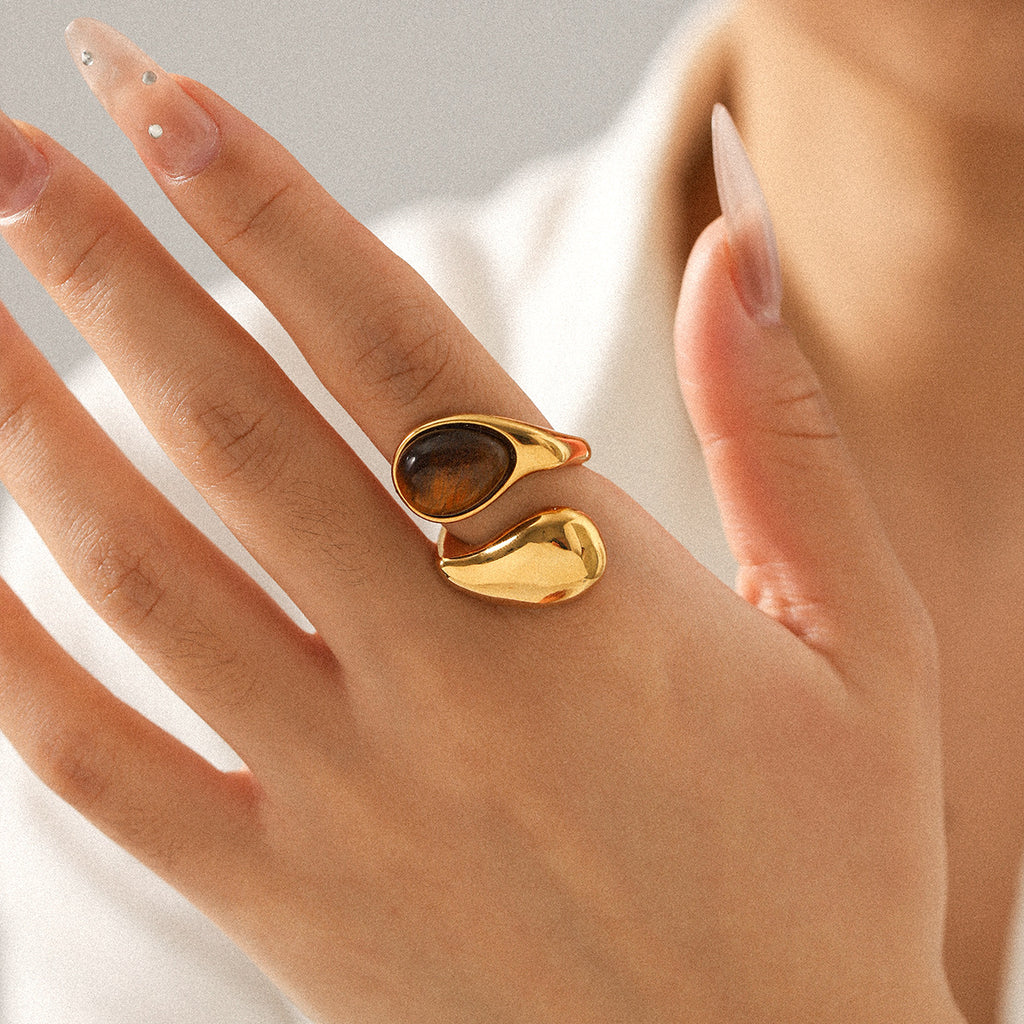 Waterdrop shaped stainless steel inlaid tiger eye stone ring