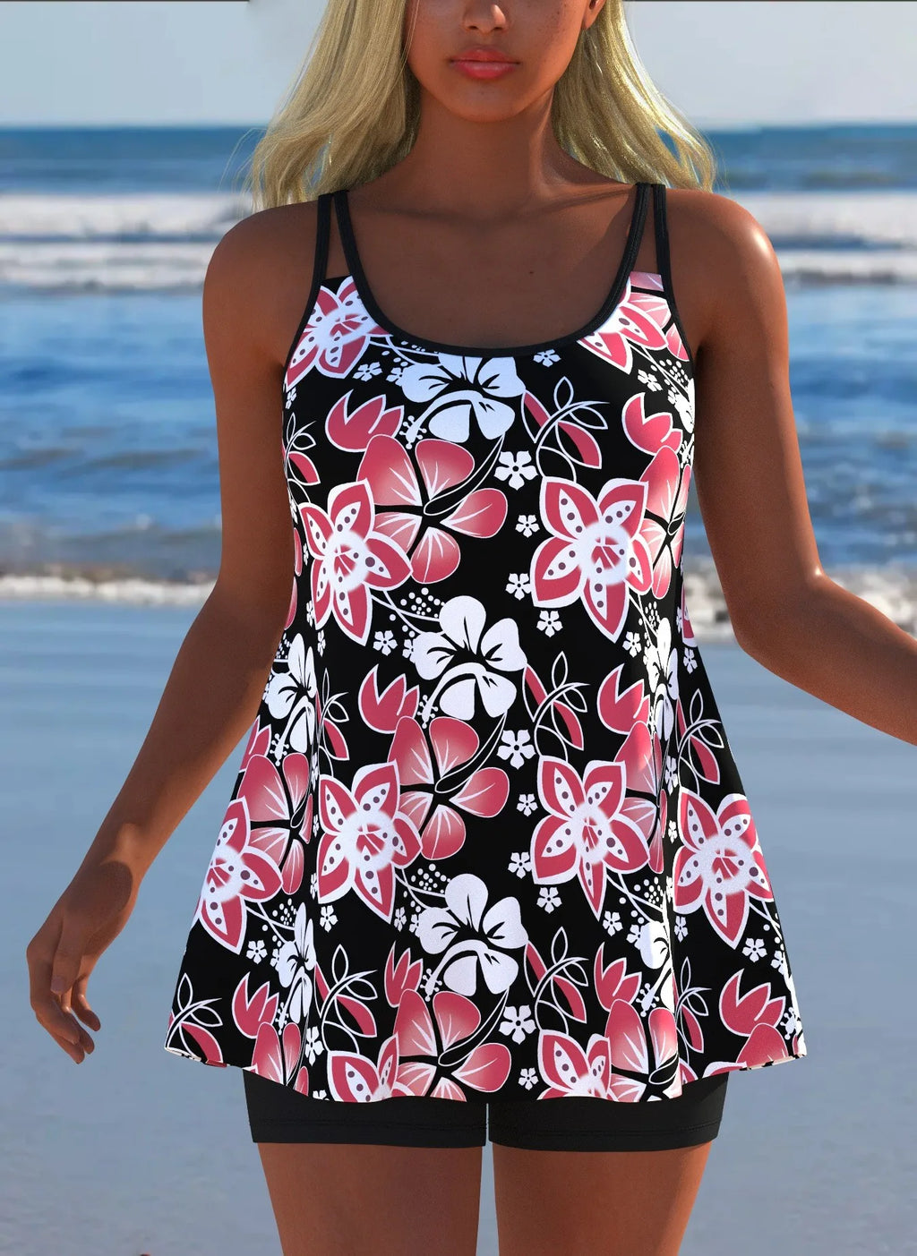 Black White Print Tankini Sleeveless Flared Hem Tankini Top High Stretch Swim Tank Gradient Adjustable Straps Two Piece Swim Top Rumanglobalcraft