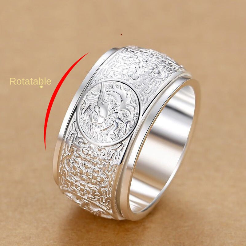Sterling Silver 999 Pure Silver Men's Ring Domineering Personality Four Gods Beast Bully Rotatable Width Plus Size Trendy Single Food