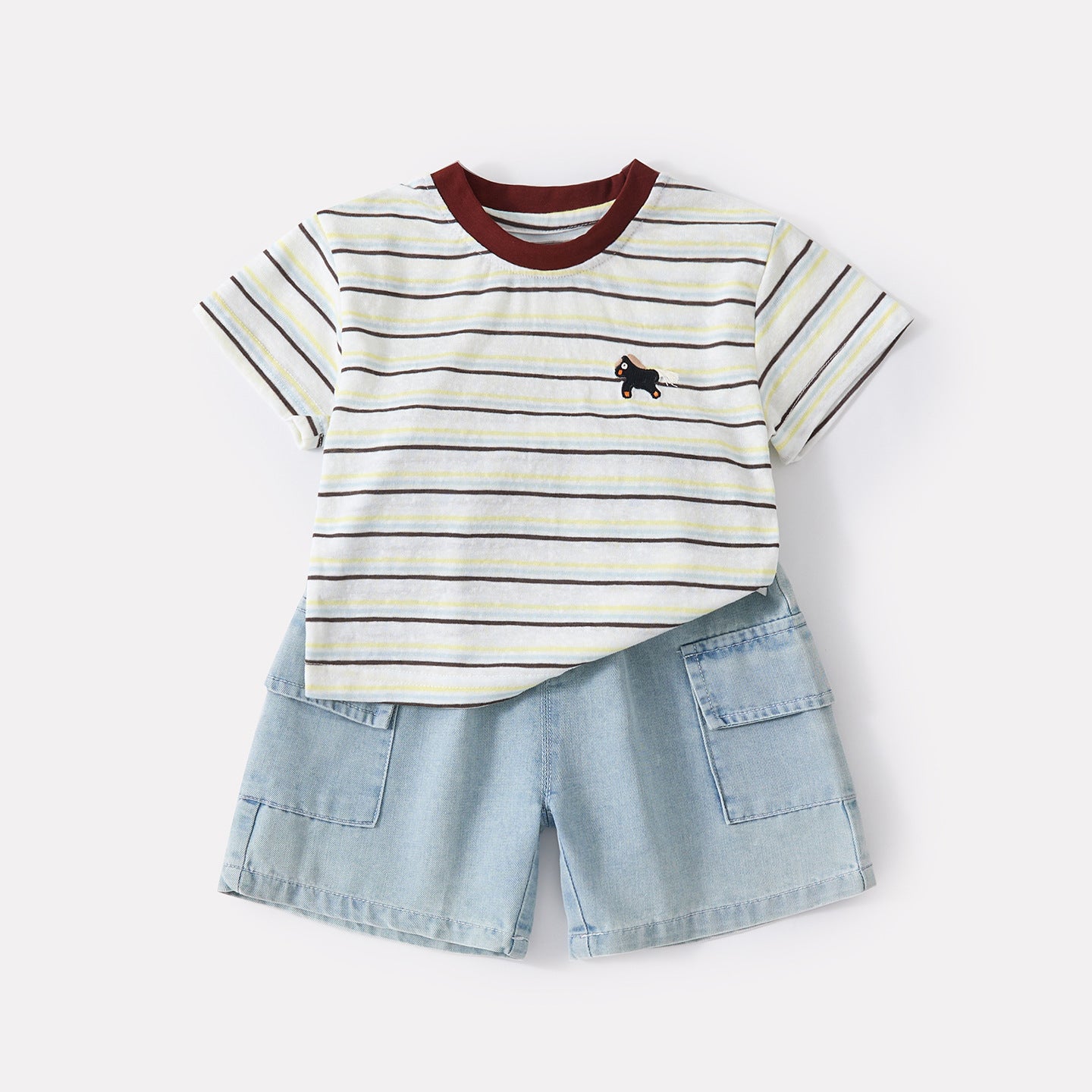 Color-Blocked Collar Striped Short Sleeve Top and Lightweight Simple Denim Shorts Two-Piece Set