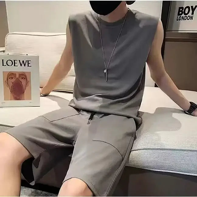 Men Patch Pocket Sleeveless Tank Top Loose Ice Silk Shorts Set Trendy Casual Summer Two Piece Outfit Rumanglobalcraft