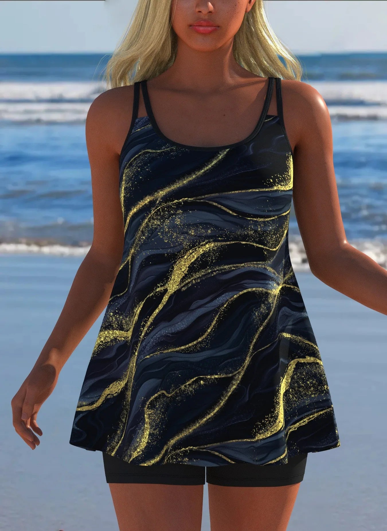 Black White Print Tankini Sleeveless Flared Hem Tankini Top High Stretch Swim Tank Gradient Adjustable Straps Two Piece Swim Top Rumanglobalcraft