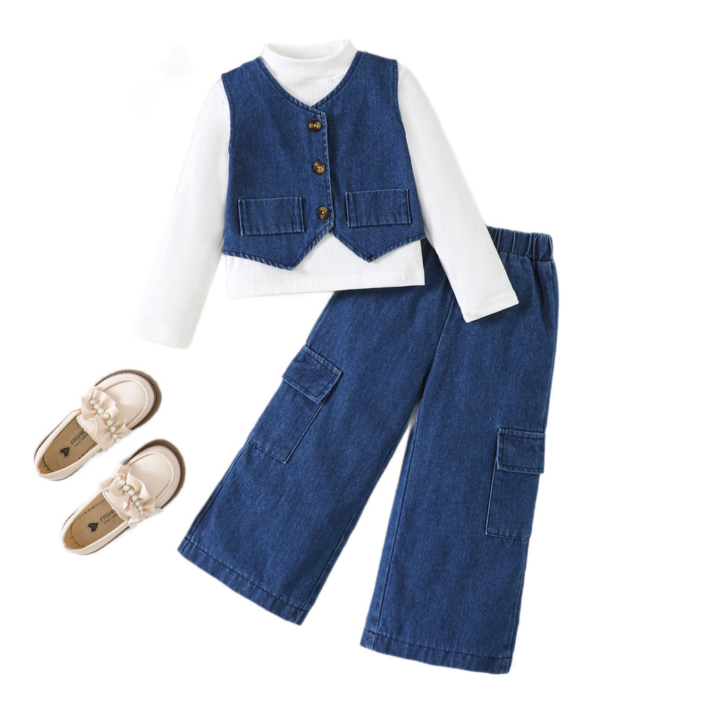 Fashionable  Girls' Denim Set Long Sleeve Bodysuit Denim Vest Wide Leg Pants Three-Piece Set
