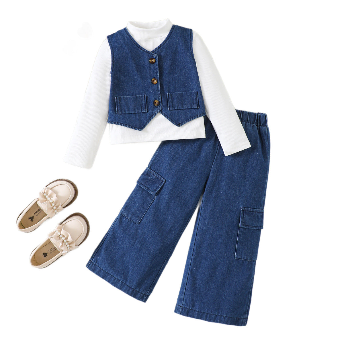 Fashionable  Girls' Denim Set Long Sleeve Bodysuit Denim Vest Wide Leg Pants Three-Piece Set