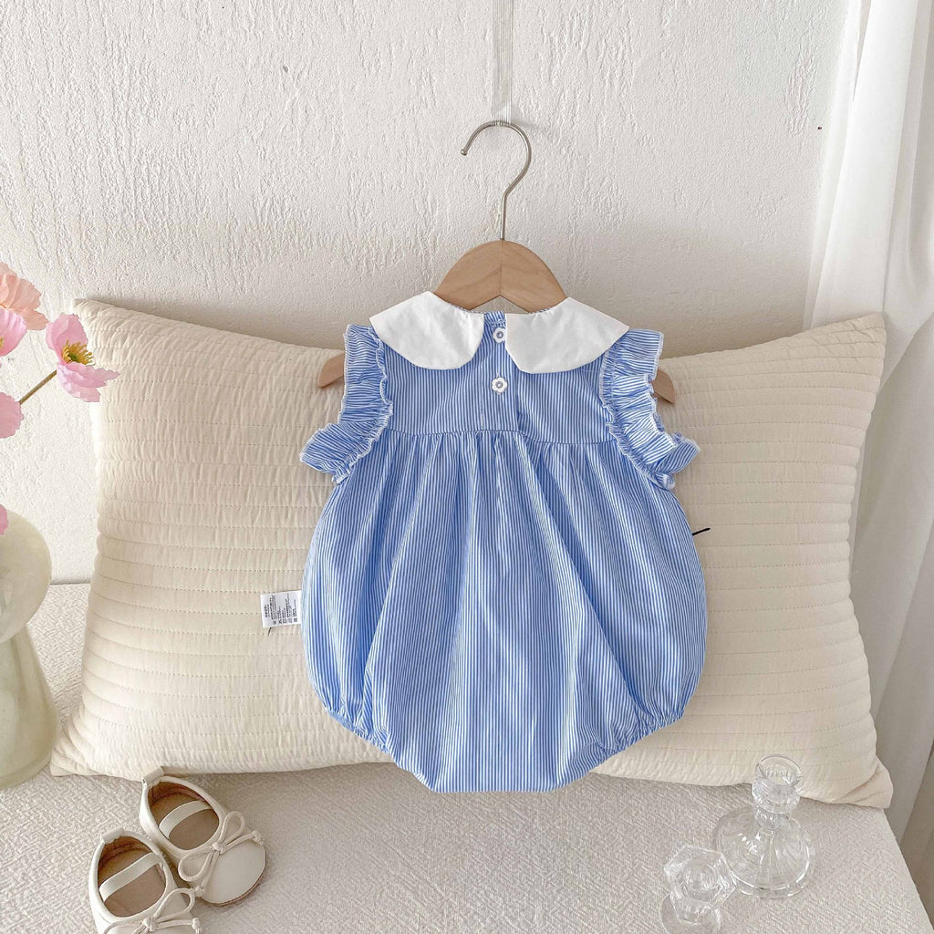 Cotton A-Class Sleeveless Blue and White Striped Fresh Baby Romper for Girls, Sweet Turn-Down Collar Bodysuit Summer Clothing eprolo