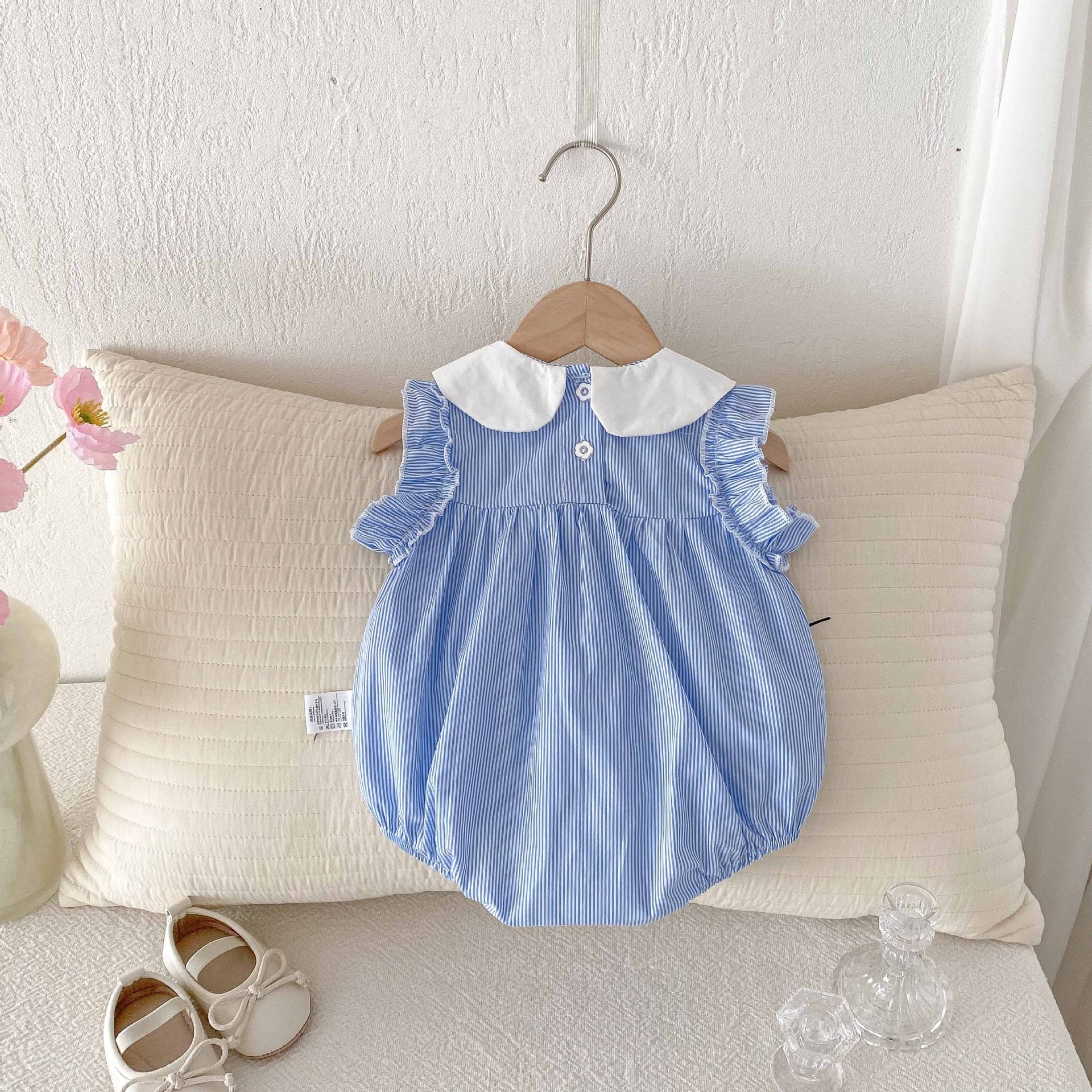 Cotton A-Class Sleeveless Blue and White Striped Fresh Baby Romper for Girls, Sweet Turn-Down Collar Bodysuit Summer Clothing eprolo