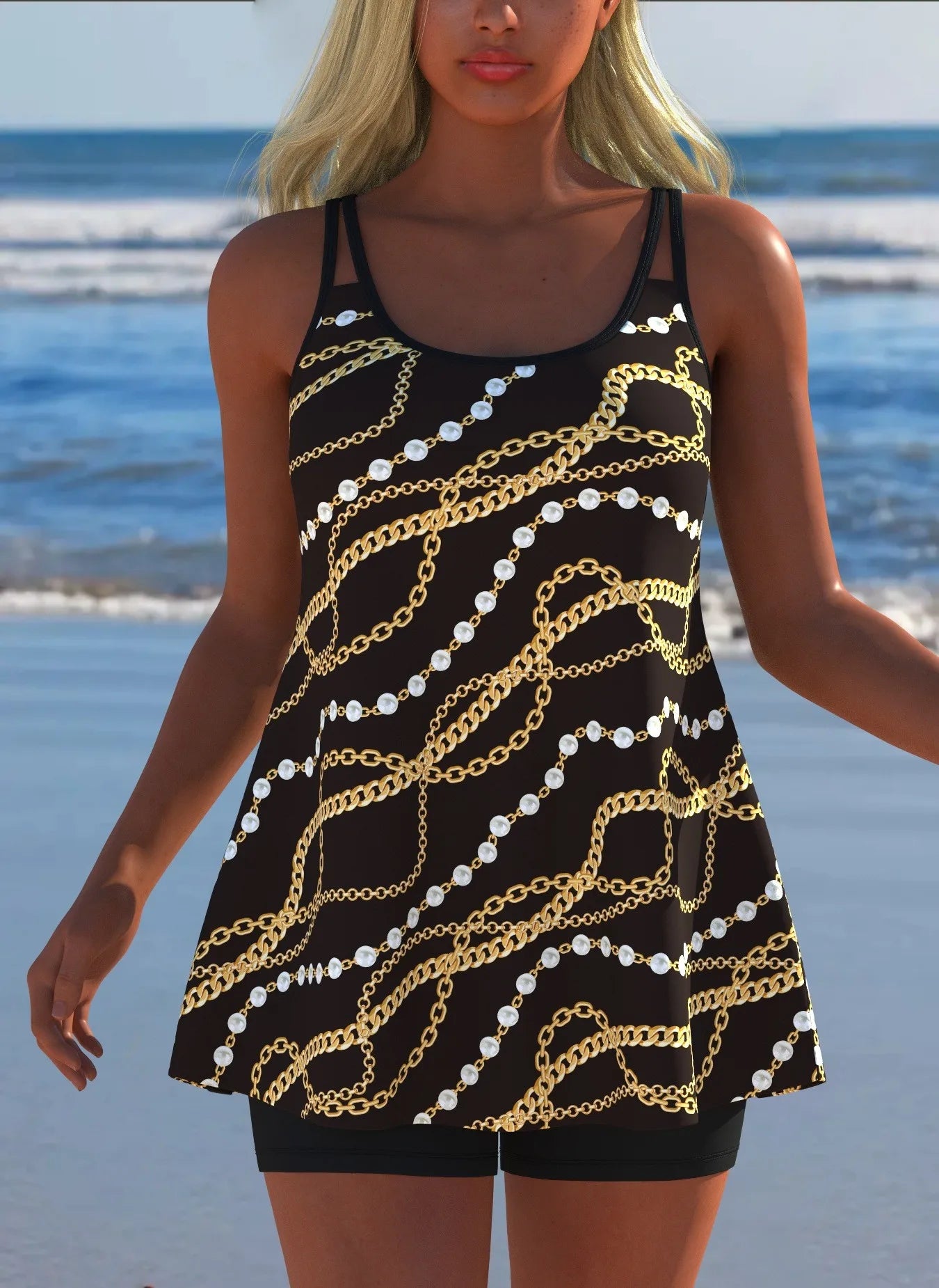 Black White Print Tankini Sleeveless Flared Hem Tankini Top High Stretch Swim Tank Gradient Adjustable Straps Two Piece Swim Top Rumanglobalcraft