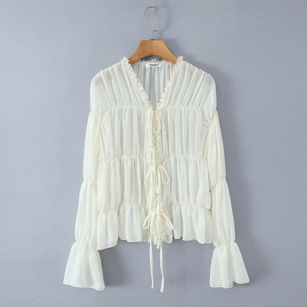 V-neck pleated strap long sleeved top