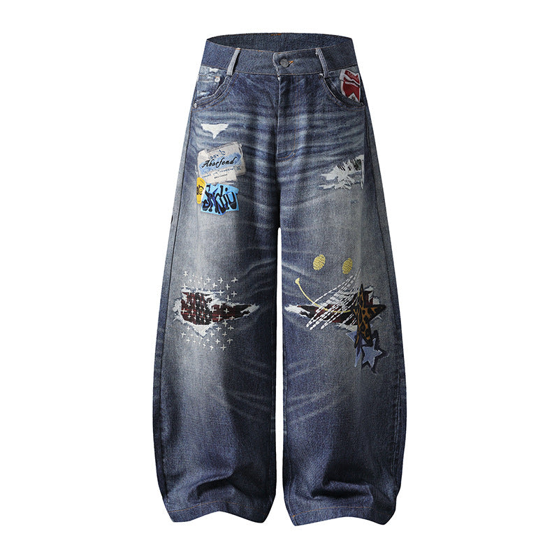 Embroidered Denim Pants Unisex Wide Leg Straight Leg Long Pants Trendy