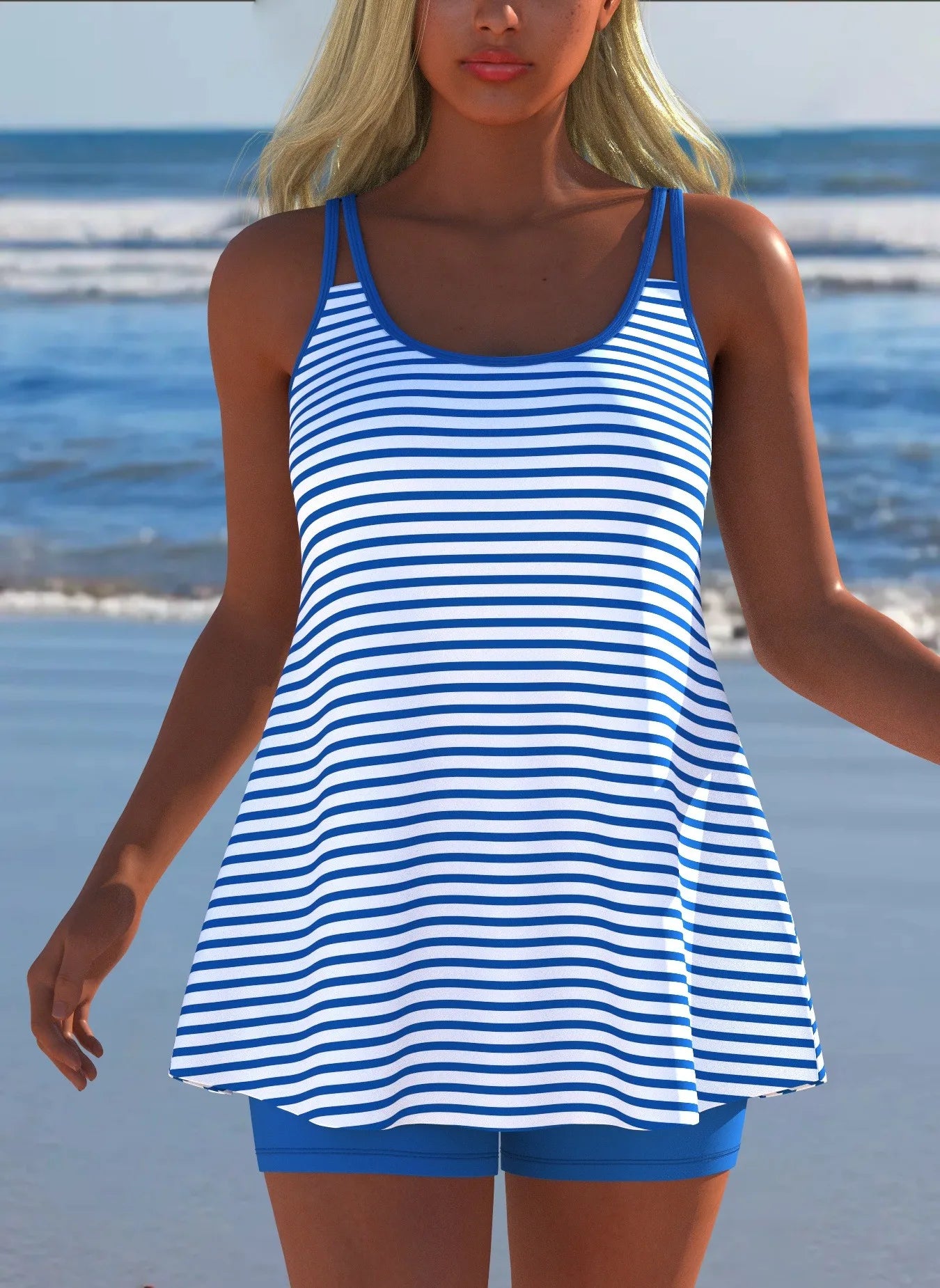 Black White Print Tankini Sleeveless Flared Hem Tankini Top High Stretch Swim Tank Gradient Adjustable Straps Two Piece Swim Top Rumanglobalcraft