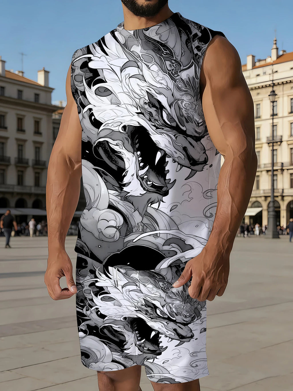 Men's Hawaiian Print Tank Top and Shorts Set Vibrant Polyester Summer Beach Suit Standard Size Rumanglobalcraft