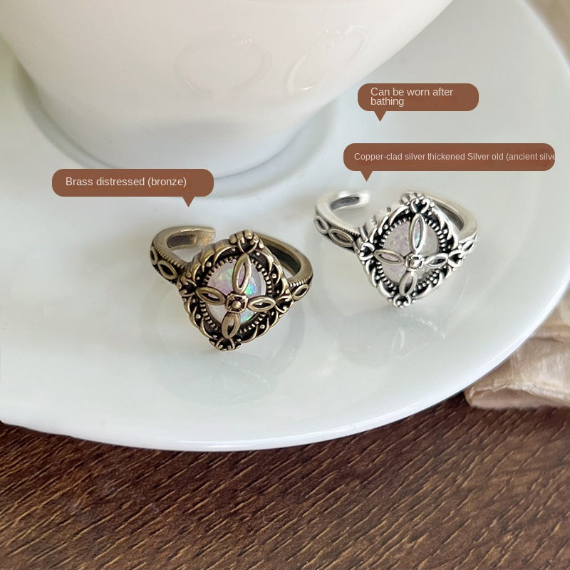 Retro Flower Rhombus Gemstone 925 Sterling Silver Ring Women's Bronze Stylish High-End Open Thai Silver Ring