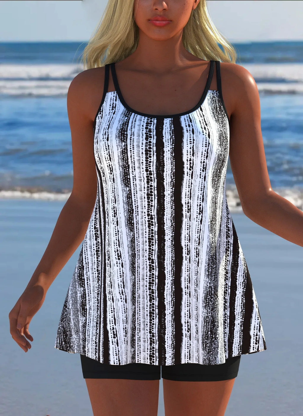 Black White Print Tankini Sleeveless Flared Hem Tankini Top High Stretch Swim Tank Gradient Adjustable Straps Two Piece Swim Top Rumanglobalcraft