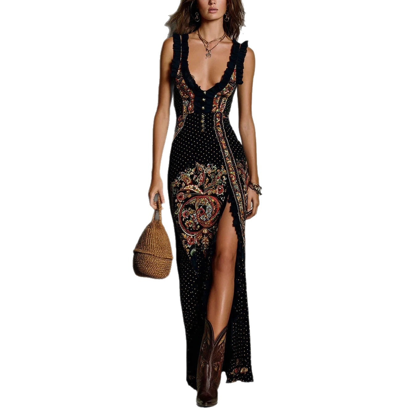 Style Digital Print Sleeveless Split Long Dress eprolo
