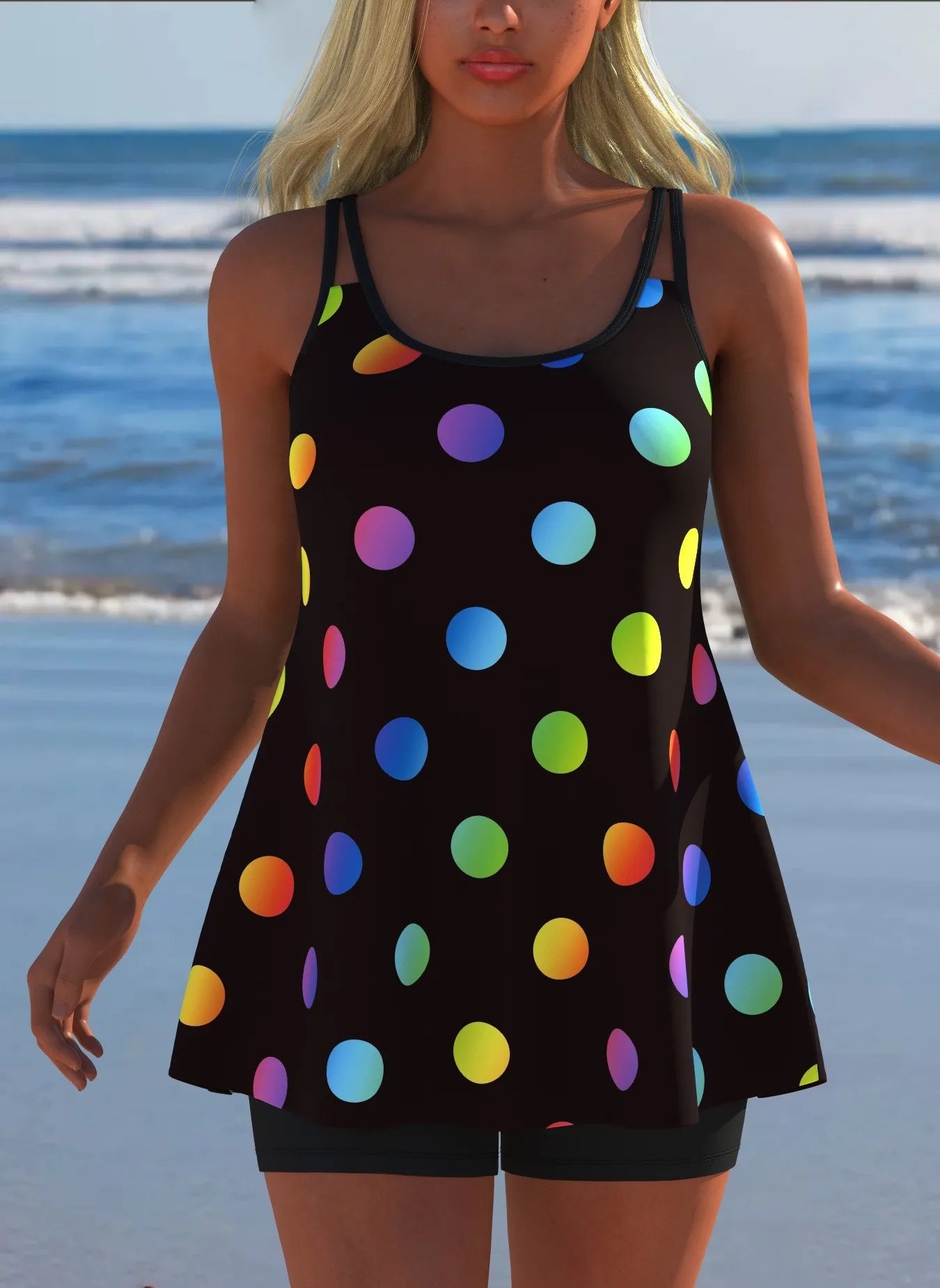 Black White Print Tankini Sleeveless Flared Hem Tankini Top High Stretch Swim Tank Gradient Adjustable Straps Two Piece Swim Top Rumanglobalcraft