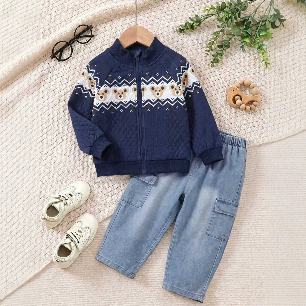 Boys' Stylish Bear Stand-Up Collar Zip-Up Shirt Set with Jeans Two-Piece Set