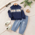 Boys' Stylish Bear Stand-Up Collar Zip-Up Shirt Set with Jeans Two-Piece Set