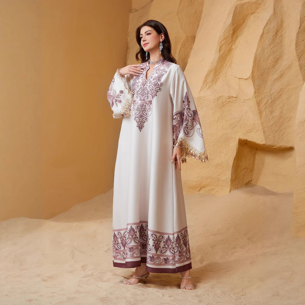 Long sleeved tassel printed women's dress