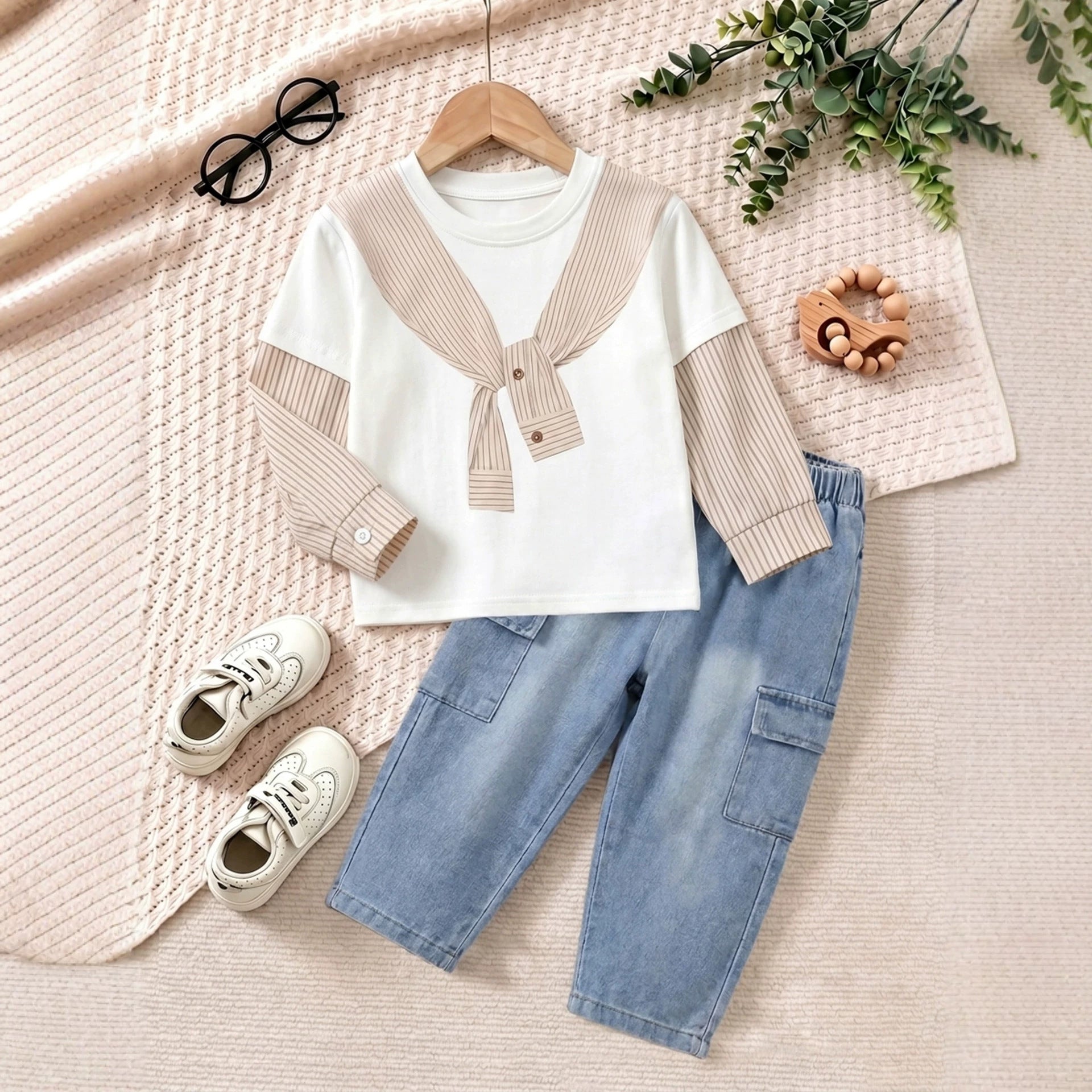 tripe Shoulder Cape Mock Two-Piece Set for Boys