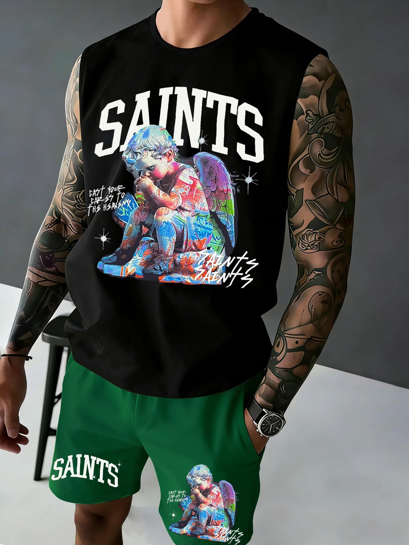Men's Printed Sleeveless Tank Top and Shorts Set: Casual, Sports, and Leisure Summer Outfits Rumanglobalcraft