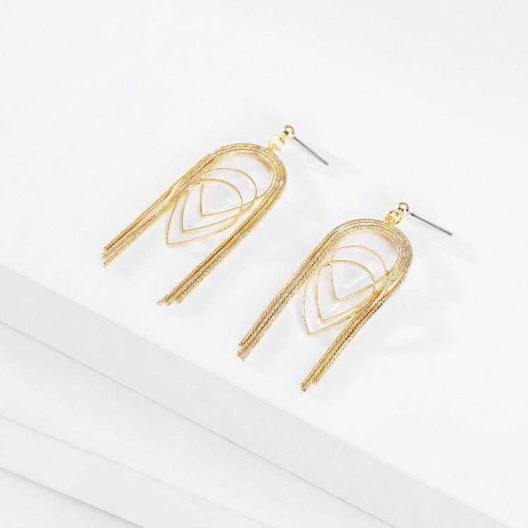 Copper-plated Real Gold Thin Chain Geometric Multi-layer Drop-shaped Long Earrings