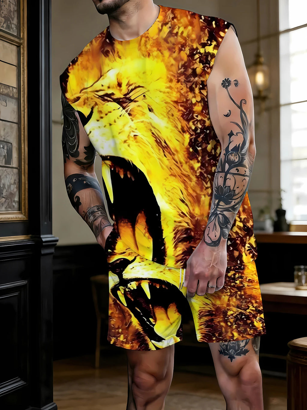 Men's V-Neck Tank Top and Shorts Set Lightweight Polyester Homewear Vacation Outfit Standard Fit Rumanglobalcraft