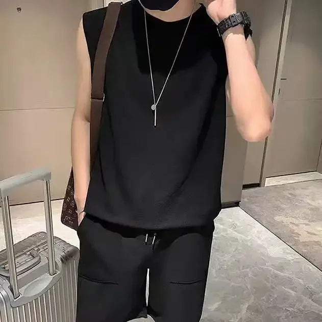 Men Patch Pocket Sleeveless Tank Top Loose Ice Silk Shorts Set Trendy Casual Summer Two Piece Outfit Rumanglobalcraft