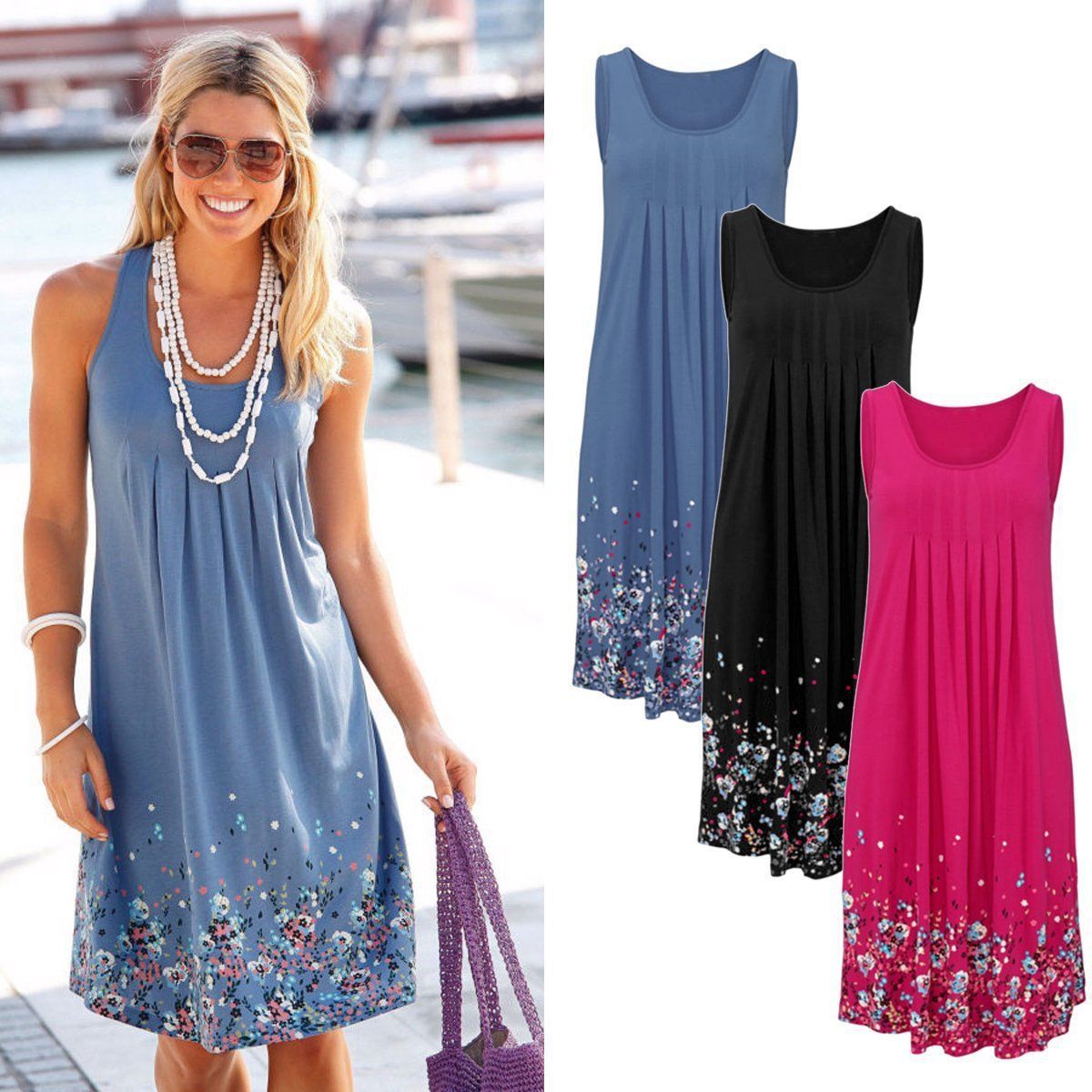 Sleeveless Floral Print Loose Summer Dress Fashion Six Colors Casual Women Dress Robe Femme Ete 2019 Sexy Dress Plus Size S-5XL
