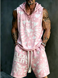 Men's 2-Piece Loose Pink Heart Sleeveless Hoodie & Shorts, "Flexibility" Print Comfort Streetwear Rumanglobalcraft