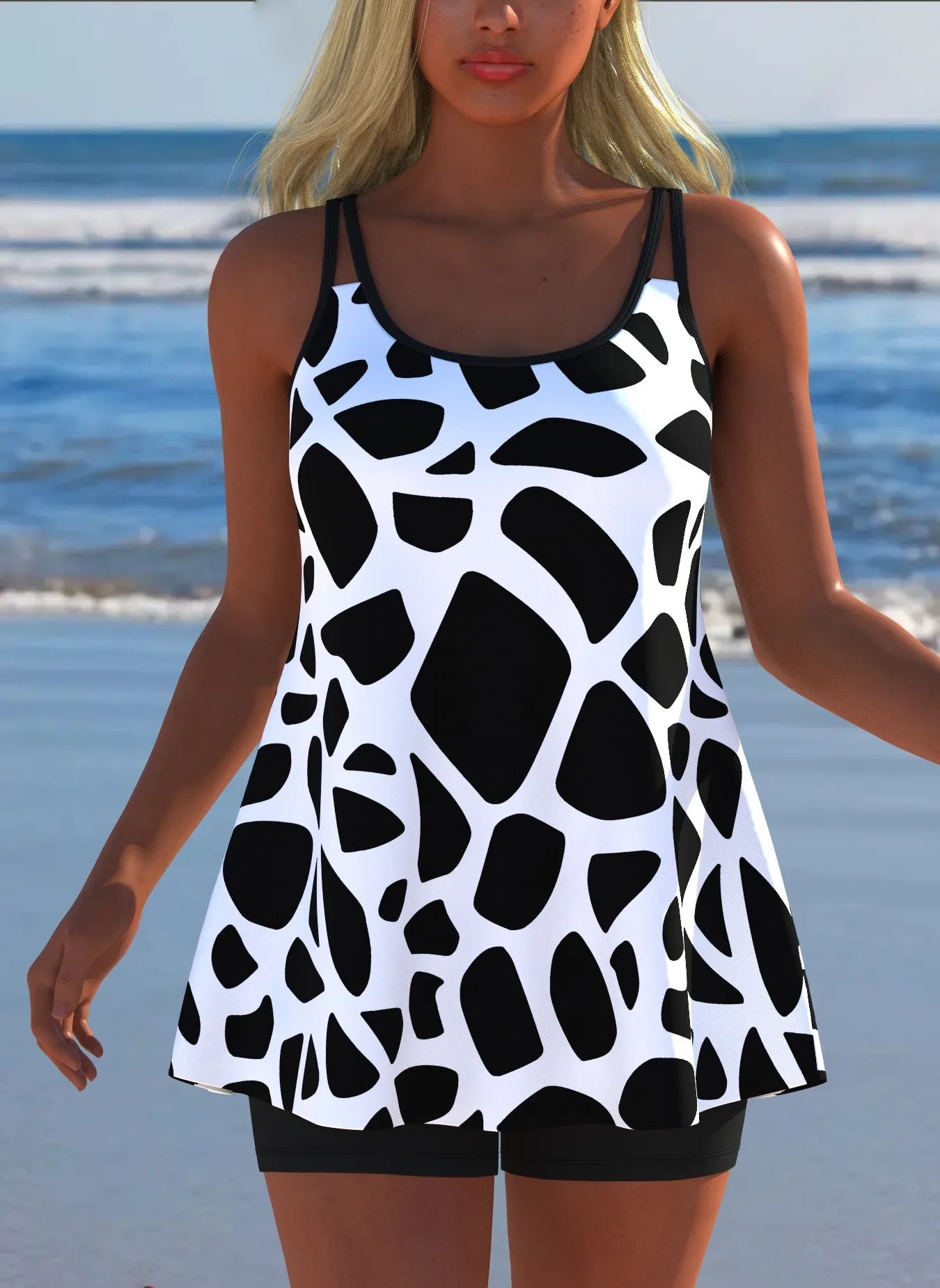 Black White Print Tankini Sleeveless Flared Hem Tankini Top High Stretch Swim Tank Gradient Adjustable Straps Two Piece Swim Top Rumanglobalcraft