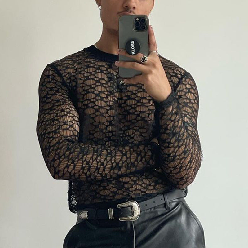 Casual Long Sleeve T-Shirt Men's Fashion Lace Hollow Out Slim Fit Semi-Transparent Black Top
