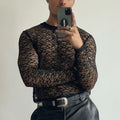 Casual Long Sleeve T-Shirt Men's Fashion Lace Hollow Out Slim Fit Semi-Transparent Black Top