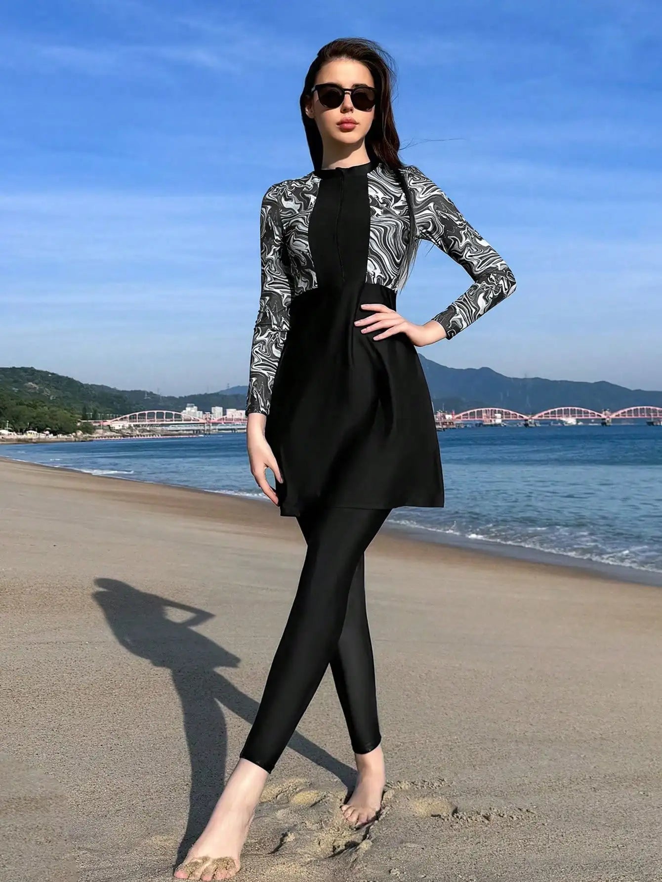 Womens 3-Piece Beach Swim Set With Long Sleeve Top And Skirt Rumanglobalcraft