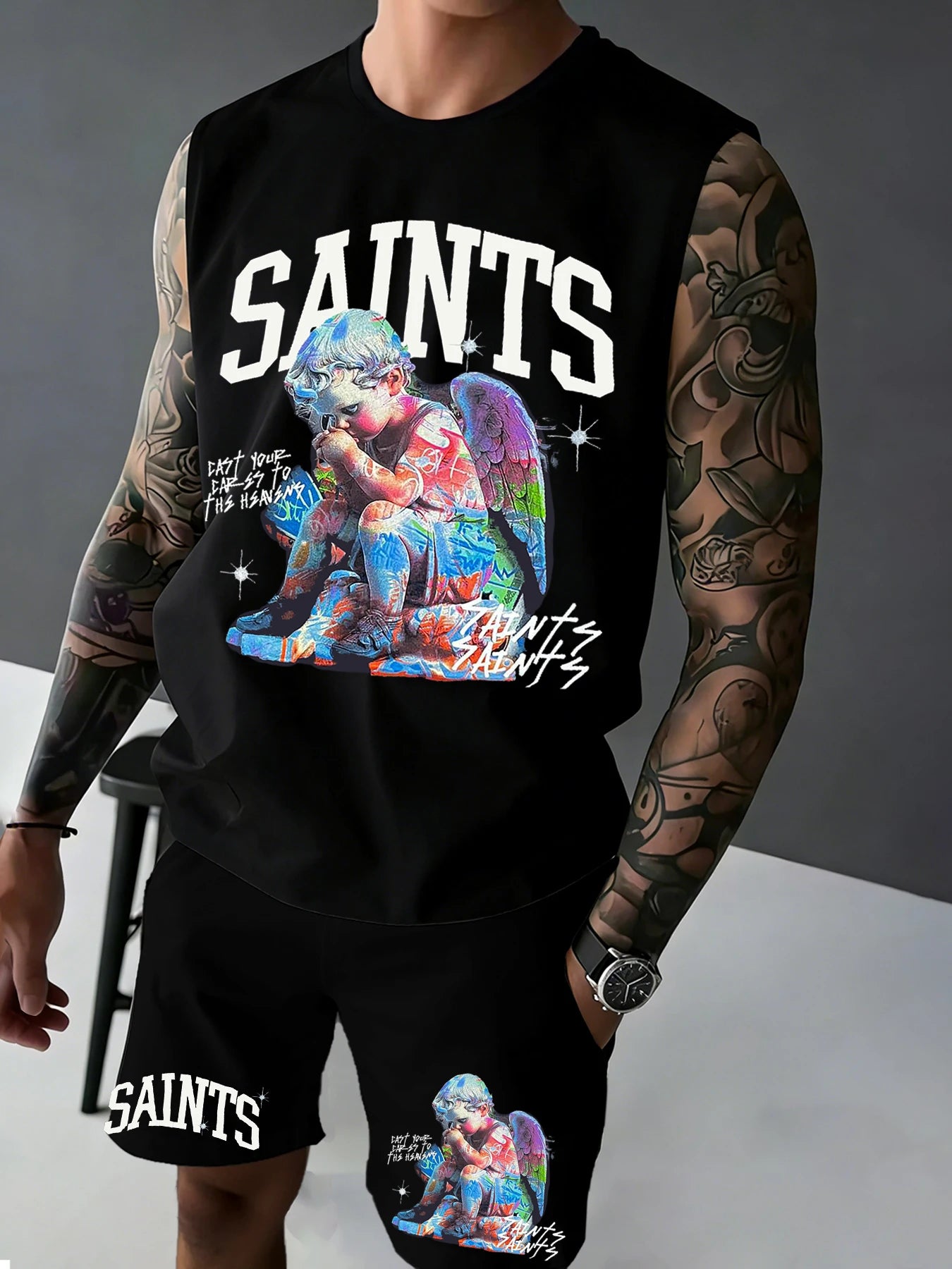 Men's Printed Sleeveless Tank Top and Shorts Set: Casual, Sports, and Leisure Summer Outfits Rumanglobalcraft