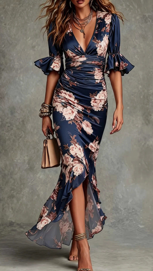 Elegant Long Dress with V-Neck, Fitted Silhouette, Floral Print and Ruffle Hem eprolo
