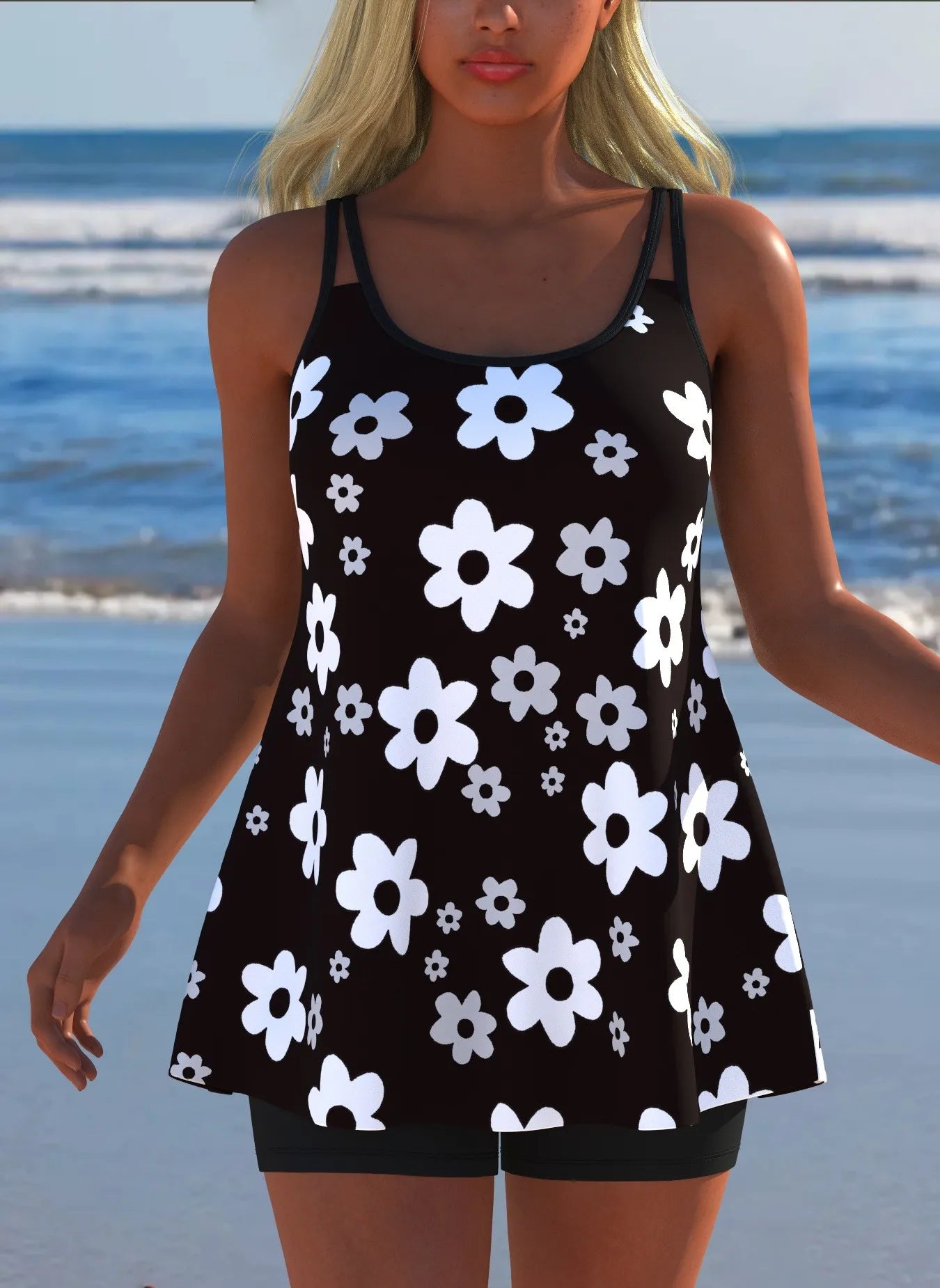 Black White Print Tankini Sleeveless Flared Hem Tankini Top High Stretch Swim Tank Gradient Adjustable Straps Two Piece Swim Top Rumanglobalcraft