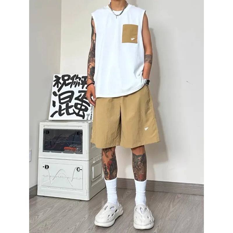 Men Patch Pocket Sleeveless Tank Top Loose Ice Silk Shorts Set Trendy Casual Summer Two Piece Outfit Rumanglobalcraft